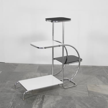 Vintage Emile Guyot Thonet Mundus Tubular Chrome Decor Painted Glass Shelves Streamline Art Deco Czech Functionalism Bauhaus Plant Stand 