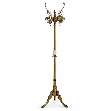 Italian Brass Coat Rack with Onyx Marble Center, Rotating Crown & Ornate Hall Tree 
