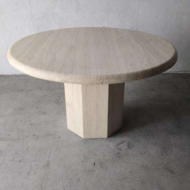 1970s Round Bullnose Travertine Dining Table with Hex Base 