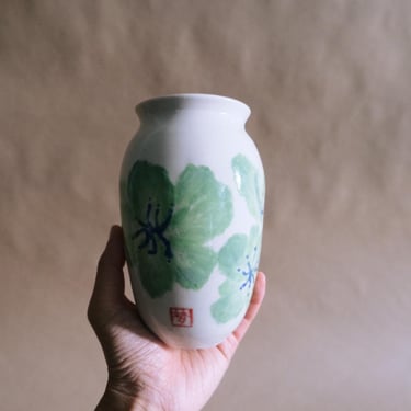 Bamboo Brush Green Hibiscus Vase // ceramic pottery 