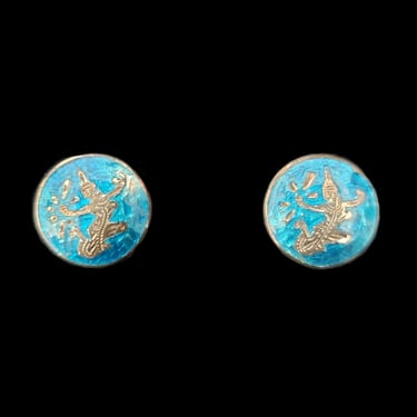 1960s AS IS Sterling Silver and Enamel Siamese Dancer Screw Back Earrings | 60s Vintage 925 Silver Turquoise Enamel Siam Screwback Earrings 
