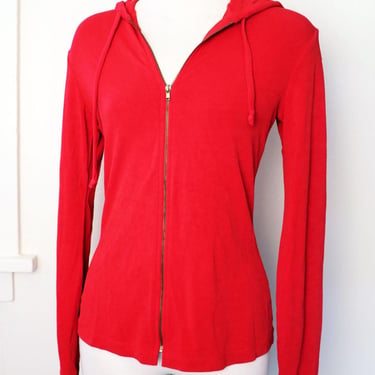 80's BETSEY JOHNSON Red Hoodie Jacket Stretchy Vintage 1980's Front Zipper Lycra Spandex Top Shirt 1990's 