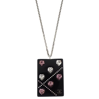 Chanel Silver Acrylic Rectangle Pendant Necklace Rhinestone 04A