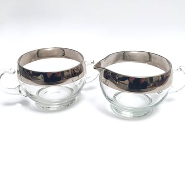 Mid century silver-rimmed glass cream and sugar | Thorpe style | coffee set | clear glass and silver | vintage modern | minimalist 