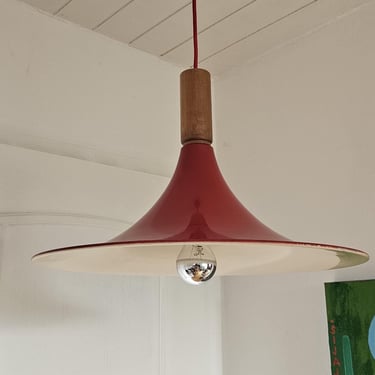 Vintage Red Metal Pendant Light with Teak Wood Detail,MidCentury Modern Trumpet Hanging Lamp,Space Age Era Chandalier,Rewired E27 