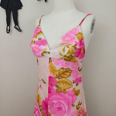 Vintage 1960's Hot Pink Floral Maxi Dress / 70s Hawaiian Tropical Print Dress Mr. Boots XS 