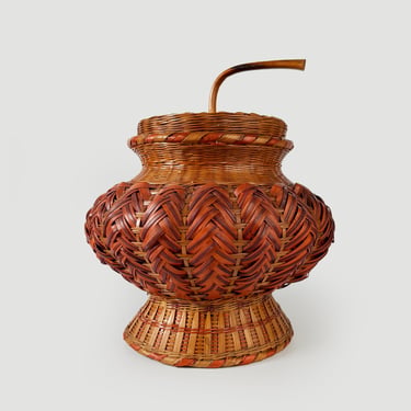 Vintage Chinese Woven Lidded Basket – Shanghai Handicrafts – Sculptural Rattan Bamboo Vessel – 1970s Boho Decor 