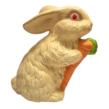 Vintage Ceramic Easter Bunny Figurine, Pink Eyed Rabbit with Carrot, Spring Decor 1980s 