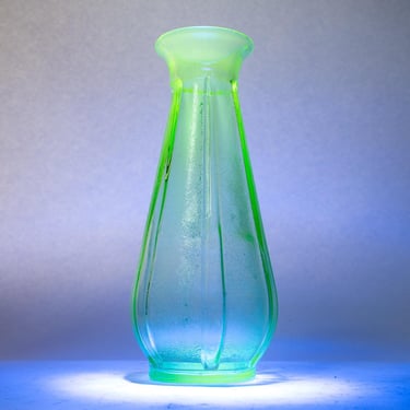 Vintage Uranium Glass Vase, Textured, 9 Inch 