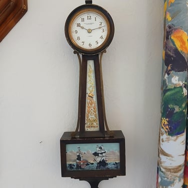 Vintage Early American Seth Thomas Banjo Style Clock with Nautical Gold Motifs 