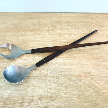 Mid Century Modern Stainless Steel and Teak Salad Serving Set Spoon and Fork 