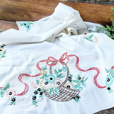 Vintage Hand Embroidered Floral Table Runner Dresser Scarf: French Country Cottasge Core Decor Grandma Core 