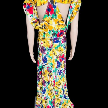Exquisite Vintage 1930's Goddess Gown - Floral Silk Bias Cut Gown w/ Draped Back Cut Outs - size Medium 