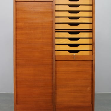 Mid Century Tambour Office Cabinet Danish Teak Oak Beech 1960s Vintage 