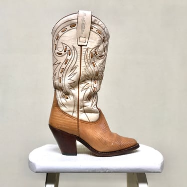 Vintage 1980s Rodolpho Valentino Cowboy Boots, 80s Beige/Brown Leather High Heel Western Boots, Women's Size 5 B US, VFG 