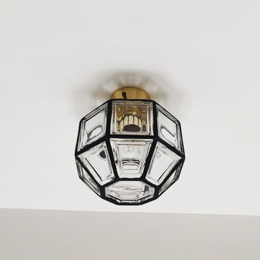 Awesome Mid-Century Modern Brass and Crystal Glass Flush Light by Glashütte Limburg | 1960s 
