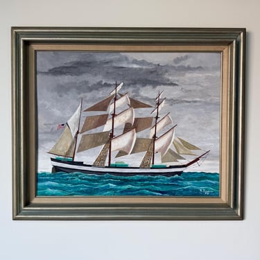 1977 R. Seaman American Tall Ship Ocean Landscape Oil on Board Painting, Framed 