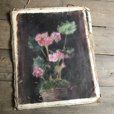 19th C French Floral Oil Painting, Potted Geranium Flowers, Moody Still Life, Unframed Canvas Original Artwork 