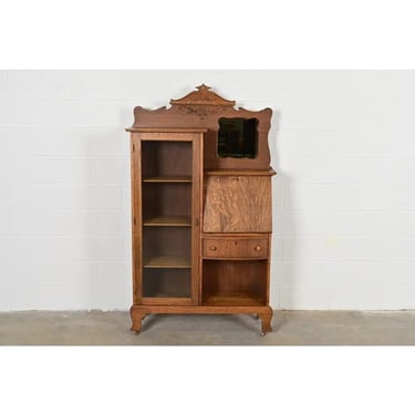 Antique Victorian Carved Tiger Oak Side-by-Side Bookcase With Drop Front Secretary Desk by Larkin Co., Circa 1900