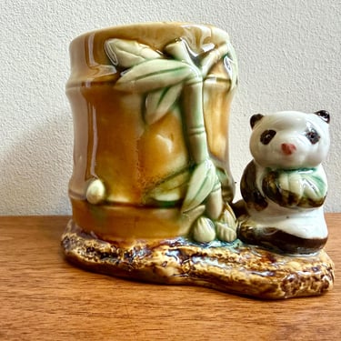 Vintage Majolica Style Panda and Bamboo Planter Cache Pot Flower Vase 