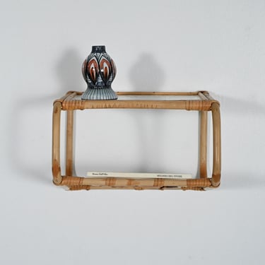 Scandinavian 1960s Bamboo Wall Mounted Nightstand with Textured Glass Shelf 