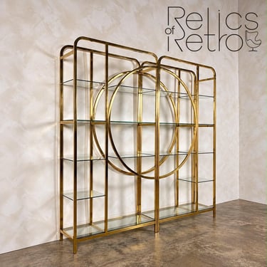Pair Of Large Brass & Glass Milo Baughman Art Deco Etagerès Shelves Mid Century Vintage Retro MCM 