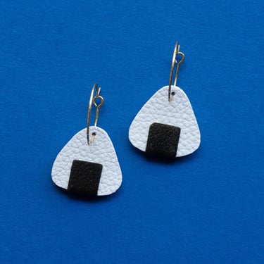 Onigiri Rice Ball Earrings - Reclaimed Leather Hoops or Hooks 