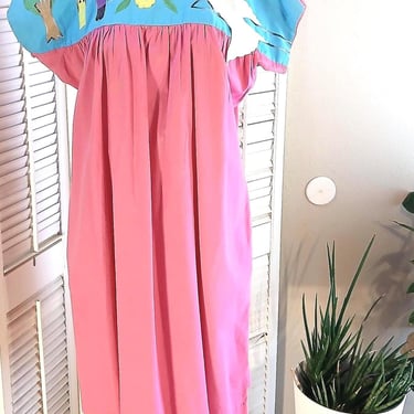 Vintage Pink 80s Cotton Shift Dress  / White Dove Applique / Cotton /Pockets! / one size 
