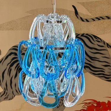 Vintage Murano Glass Chandelier Attributed to Angelo Mangiarotti, 1960s / Two-Tone Blue and Crystal Mesh Glass / Mid-Century Modern /Giogali 