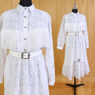 1980s White Western Style Lace Dress | Vintage White Maxi | Sa'Sa | X Large 