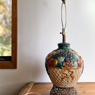 vintage majolica style ceramic table lamp with hand painted fruit on a filigree base - shade not included 
