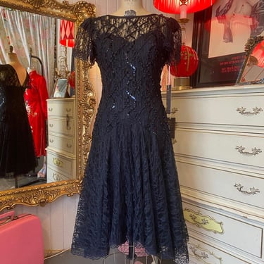 vintage 1980s black lace mermaid dress sequins flutter sleeves 80s fashion s 26 