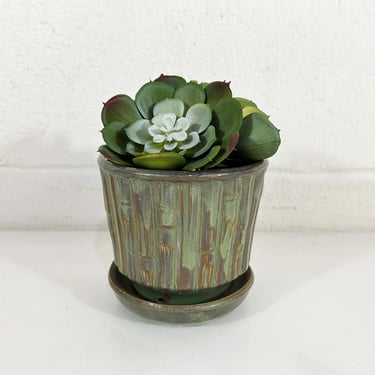 Vintage McCoy Plant Pot Pottery Sage Green Bamboo Planter Brush Attached Saucer Mid-Century Pot Made in the USA 1940s 40s MCM Drip Glaze 