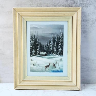 Vintage Winter Landscape Oil Painting - Snow Cabin Scene with Deer, Signed Original Framed Woodland Art 