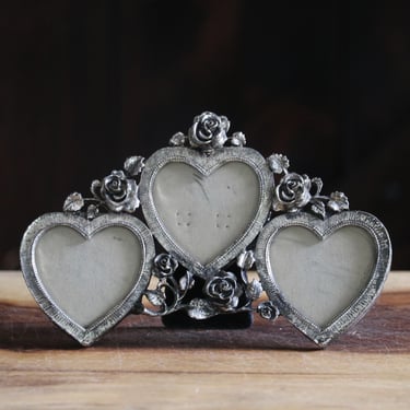 Vintage Silvestri Triple Heart Picture Frame, Romantic Dresser Decor, 3 Heart Easel Back Silver Metal Photo Frame with Roses, Collector Gift 
