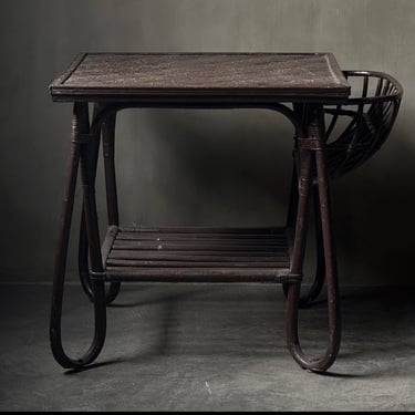 Bamboo and Rattan Side Table with Newspaper Holder