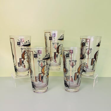 Vintage Osborne Kemper Thomas Titanic Glasses | Set of 5 RMS Titanic Commemorative Highball Tumblers | White Star Line Souvenir Barware 