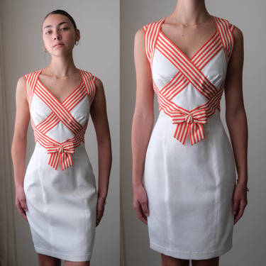 Vintage 80s Thierry Mugler Sailor Style Dress w/ Blood Orange & Ivory Silk Stripe Ribbon | Made in France | 1980s Mugler Designer Dress 