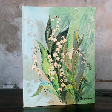 Vintage 1970s Lily of the Valley painting on canvas board / rustic oil painting of flowers  / botanical painting / vintage artwork 