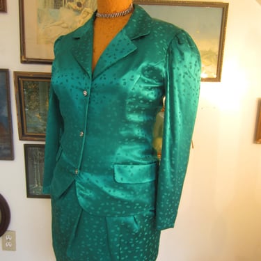 1980's Yves Cossette Silk Brocade Skirt Suit, Puff Sleeve, Kelly Green, Fitted Jacket, Paneled Skirt Fully Lined 