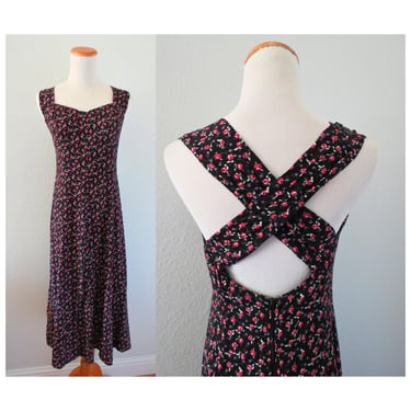Vintage 90s Floral Dress - Dark Pink Black Sleeveless Midi - Size Small 