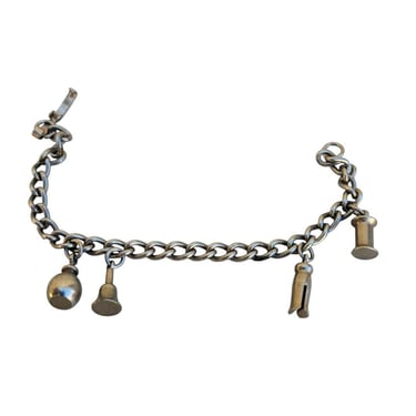 Vintage Charm Bracelet Ball Bell Wood Clothes Pin Thread Spool Silver 