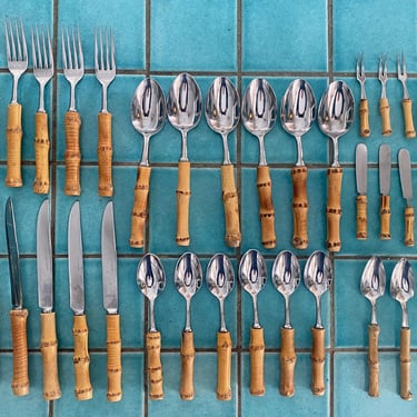 Vintage Bamboo Stainless Flatware Lot Complete Set Tiki 