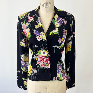 Vintage 1990s Betsey Johnson Rayon Crepe Floral Jacket Blazer XS 