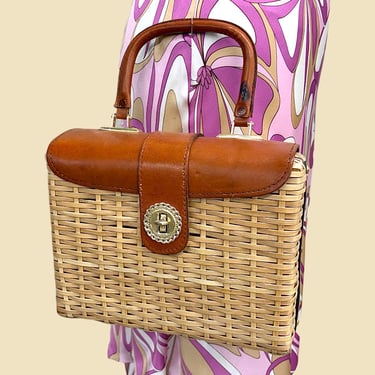 Vintage Wicker Top Handle Bag Retro 1960s Mid Century Modern + Simon + Tan Wicker Purse + Brown Leather + Turn Lock + MCM Womens Handbag 