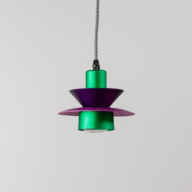 Vintage Aluminum Ceiling Lamp - 1980s Postmodern Memphis Style - Purple & Green, Striped Cable, Pop Art Interior, Retro Lighting, Zick Za 