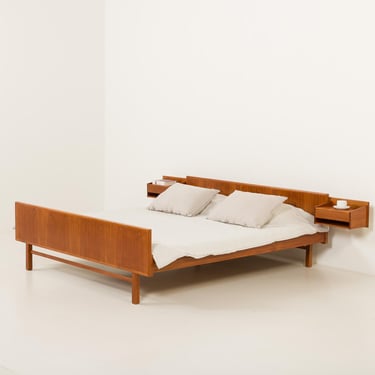 Danish mid century teak queen size bed with nightstands, 1960s 