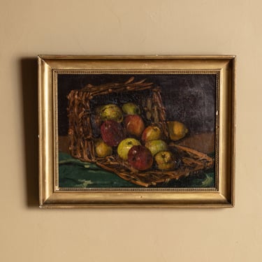 Rustic Basket of Fruit Still Life Oil Painting, France, Early 20th Century
