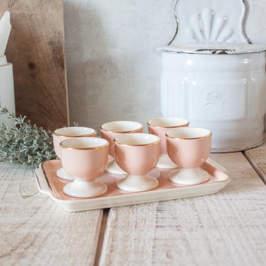 RARE Vintage VILLEROY & BOCH egg cups set with tray, in pastel pink and gold porcelain 