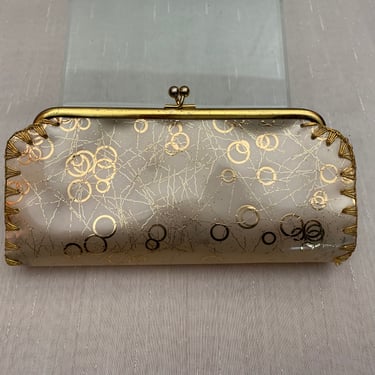 Vintage 1950s Frosted Plastic Gold Drizzle Circle Print Peek a Boo Purse Mid Century Bridal Clutch 